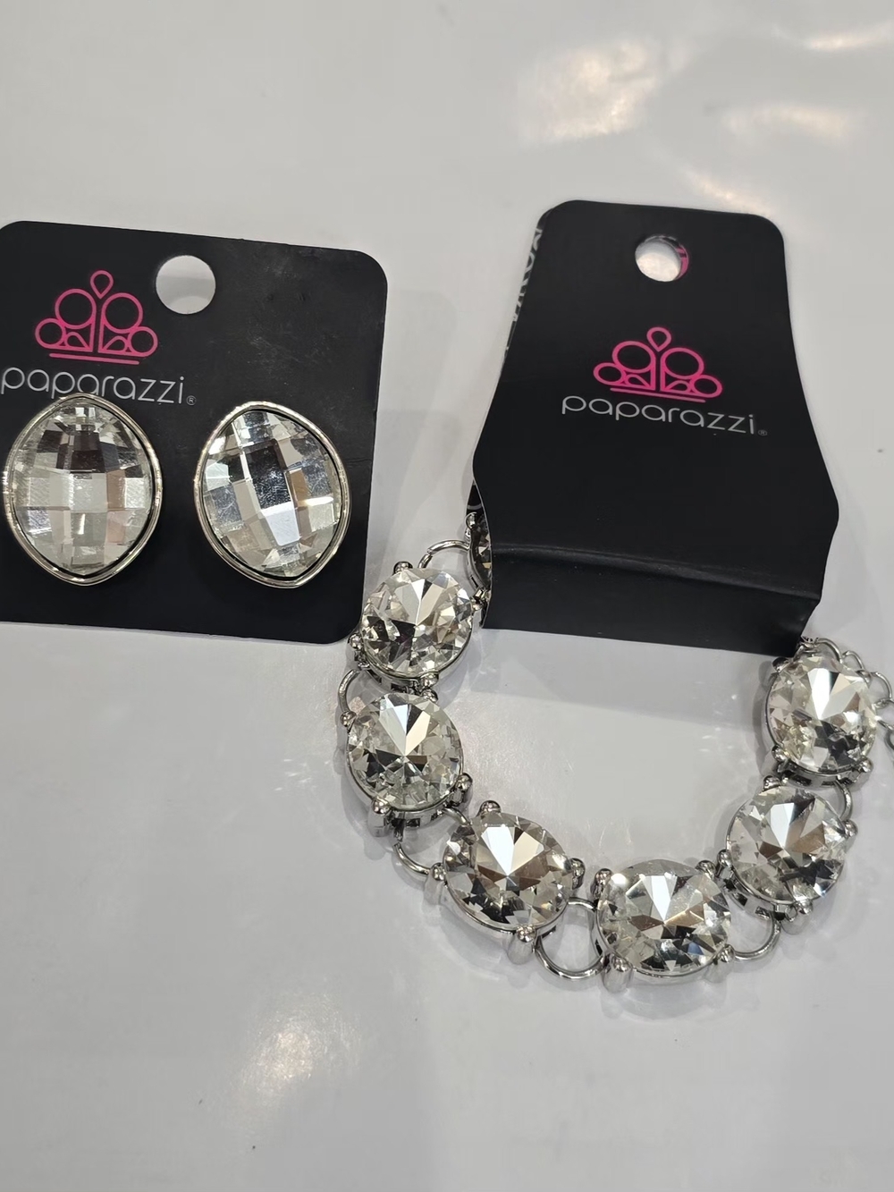 Paparazzi Silver Sparkling Crystal Bracelet and Stud Earrings Set